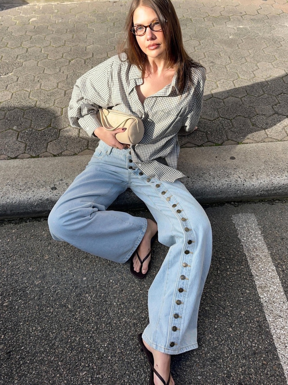 Wide-Leg Light Blue Button-Trim Jeans